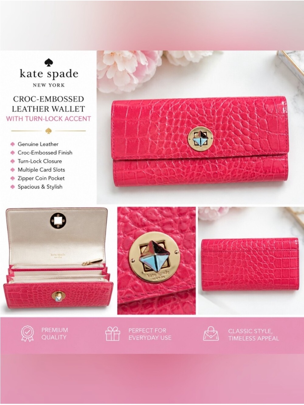 kate spade Croc-Embossed Leather Wallet - Bright Pink with Gold Accent